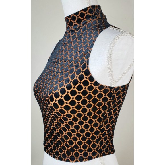 Maitai Crop Top Mock Turtleneck Black Gold Womens Small Sleeveless Button Back - Picture 4 of 6